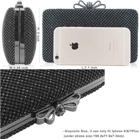 ⚡ Women's Rhinestone Crystal Bow Clasp Metal Chain Evening Black Clutch Handbag - Picture 4 of 7
